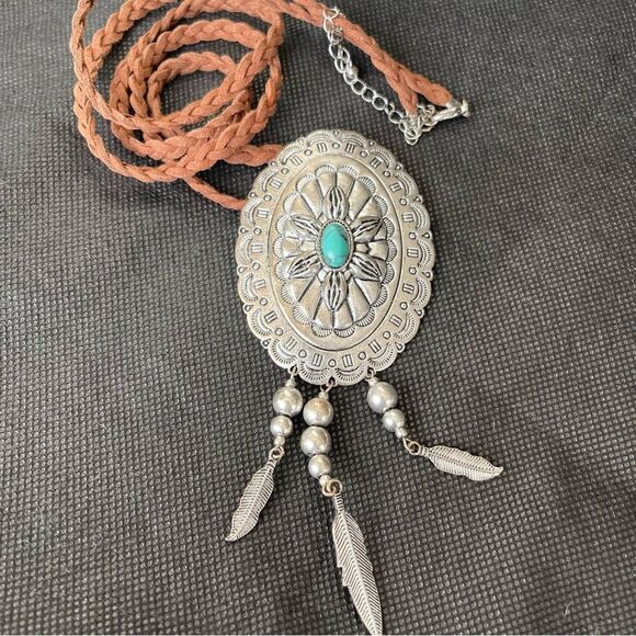 American Western Braided Cord Long Necklace Turquoise - Picture 4 of 9